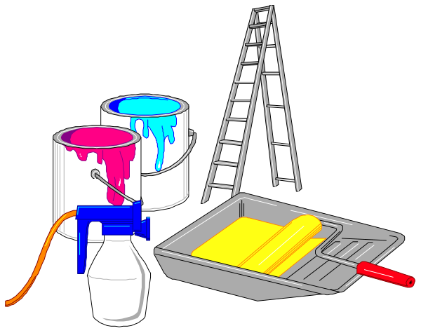 The illustration depicts a variety of painting supplies on black background: two buckets with paintbrushes inside; an open bucket filled with yellow liquid next to another one containing pinkish-purple substance; a pair of scissors and some paper towels in front, suggesting preparation for art or craft activity.