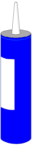 The image shows a blue pillar with two white stripes on it next to an upright syringe needle pointing upwards in front of them against a gray background.