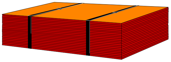 The image shows a collection of red blocks stacked on top of each other against an orange background with black outlines around them.