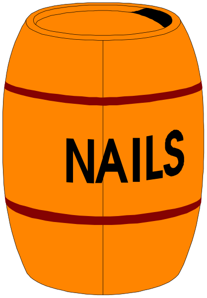 The image shows a cartoon of an orange barrel with black text that reads "NAILS" on it against a gray background.