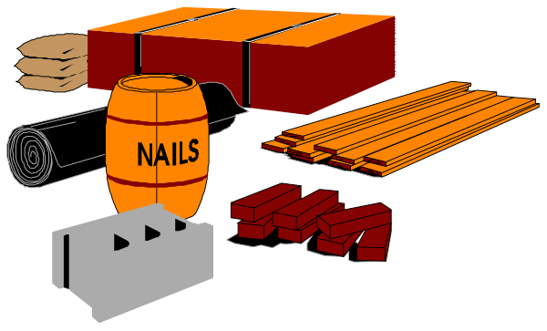 The image shows a collection of construction materials including wooden planks, nails, bricks, cement blocks, pipes, and other tools on what appears to be a workbench with various items scattered around it in an indoor setting.