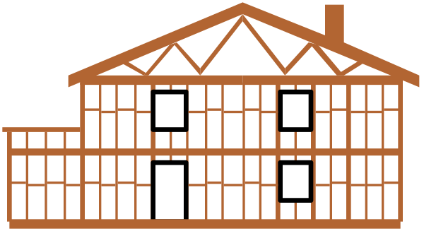 The image shows a stylized depiction of an old building with two visible windows on its facade against a dark background; it is rendered in white lines without any color detailing.