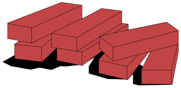 The image shows a red block structure with various shapes of blocks forming an abstract design against a black background.