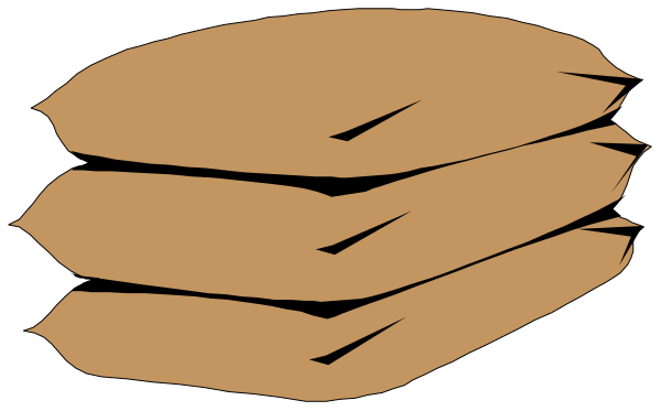 The image shows a black silhouette of three stacks on top of each other with jagged edges at their tops against an orange background.