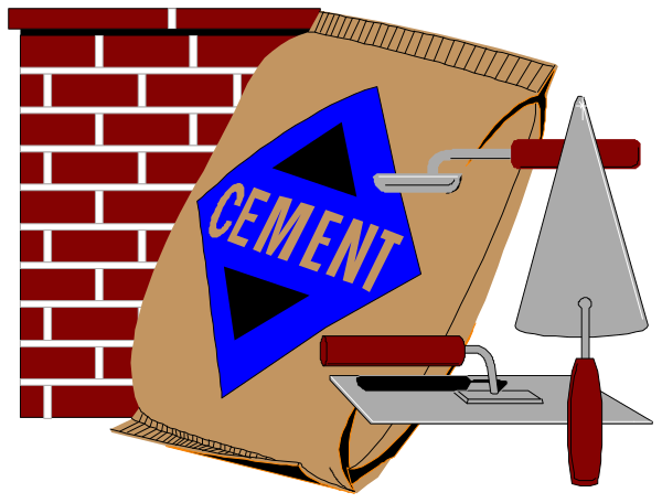 The image shows a brick wall with cement bags leaning against it on top of which is an open bag labeled "cement." To the right side there's a hammer resting next to another tool that appears to be for measuring, possibly used in construction work.