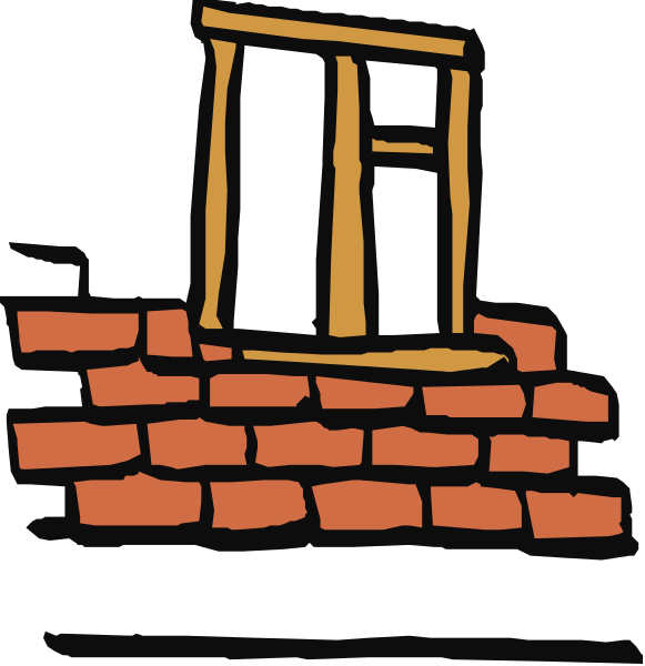 The images show a cartoon of two different brick houses with windows; on top is an illustration where bricks have fallen off to reveal interior details like furniture inside one house while another has no visible contents in its window, and below it's just a simple outline without any detailing or color.