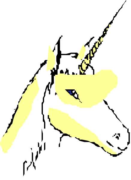The image shows a black background with an animated character that resembles a yellow unicorn standing on its hind legs in front of what appears to be a castle-like structure.