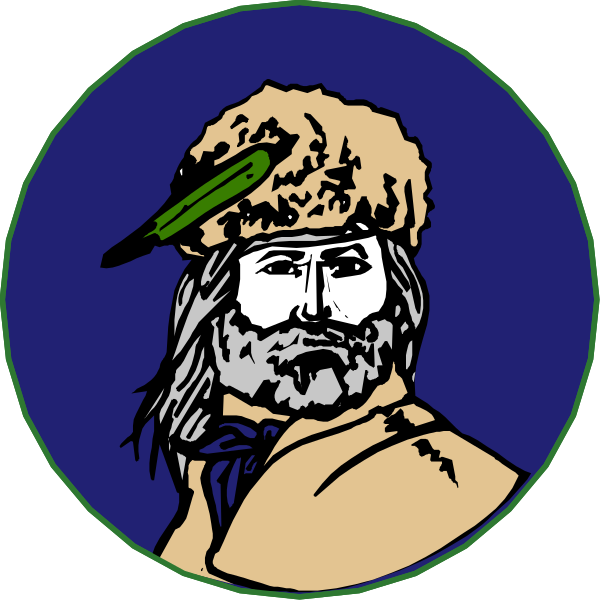 The image shows two circular stickers featuring a cartoon depiction of an indigenous man with long hair wearing traditional clothing including what appears to be a fur hat adorned with feathers on top; he is holding something that looks like a spear in his right hand and has facial features such as mustache, beard, eyebrows. The background color for both stickers is blue-greenish hue.
