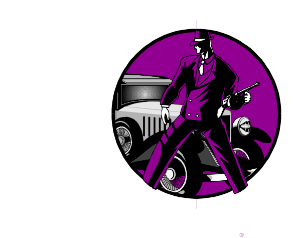 The image shows a cartoon of an animated man dressed as James Bond standing next to his car with wheels visible on it against a purple background.