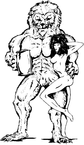 The black and white illustration features a muscular man with lion characteristics holding an ale mug while standing next to another figure that appears humanoid but is also depicted as having animalistic traits such as furry ears, claws on hands, and possibly feline facial markings or eyes; the setting seems indoors.