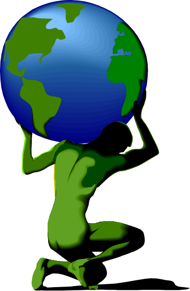 The image shows a green cartoon figure carrying an Earth on its shoulders with both hands placed atop it; there is no background detail visible in this clip-art format.