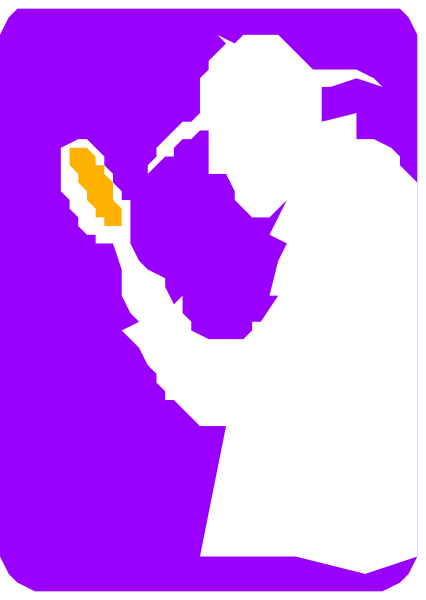 The image shows a purple silhouette of an adult male figure holding what appears to be a magnifying glass over his eye as if examining something closely.
