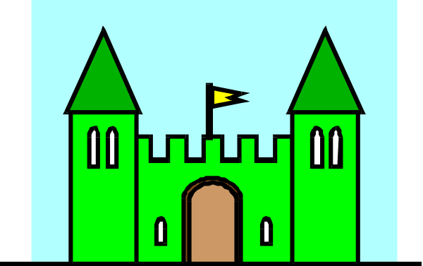 The image shows a cartoon castle with two towers on either side of an archway entrance, set against a blue sky background.