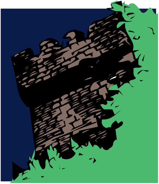 The image shows a black silhouette of an old stone castle with two towers against a dark sky background on what appears to be a postcard-like design.