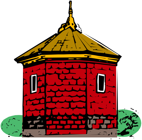 The image shows a red brick building with two windows under an orange roof peak against a black background.