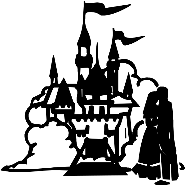 The black and white silhouette of a castle with towers against an open sky background.
