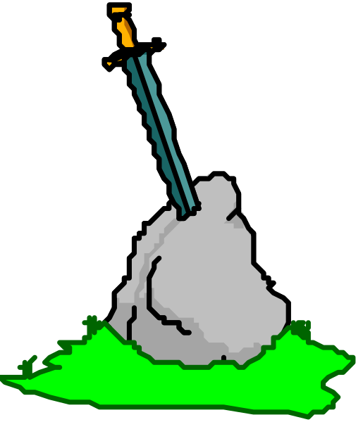 The image shows a pixelated depiction of an animated character with large eyes sitting on grass next to what appears to be a sword in front of them against a dark background.