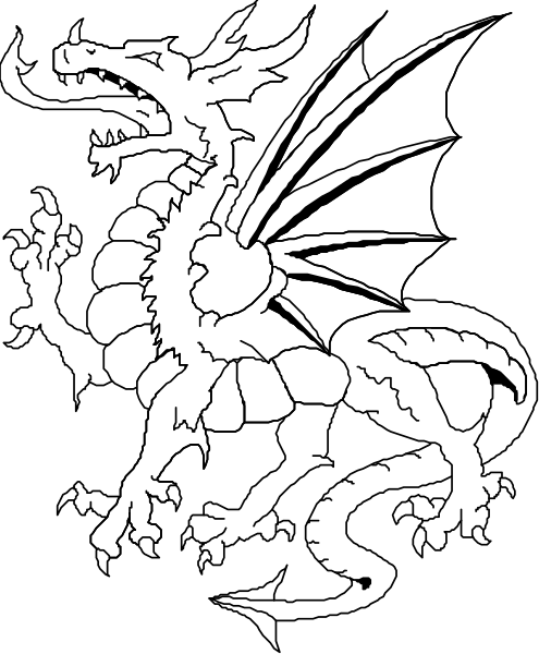 The black and white illustration shows a stylized dragon with wings spread out against an unseen background.