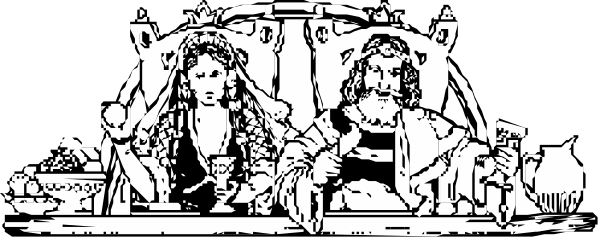 The black and white photo shows a group of cartoon characters with exaggerated features sitting on top of each other; there is no text present in this image.