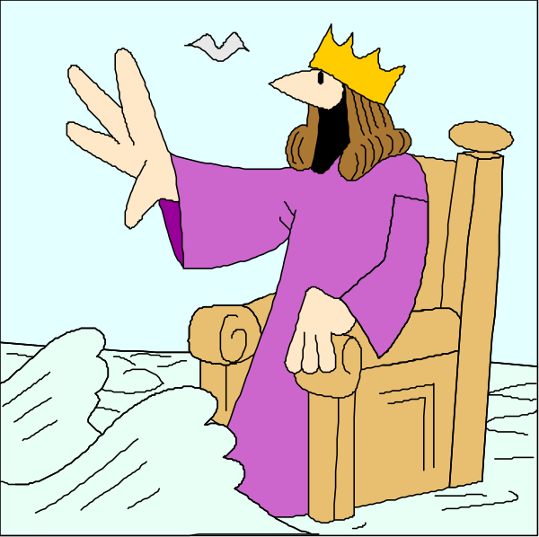 The cartoon shows a man with long hair sitting on an armchair that is floating above water waves; he has his hand raised in greeting while wearing purple robes and holding what appears to be a scepter, suggesting royalty or authority.