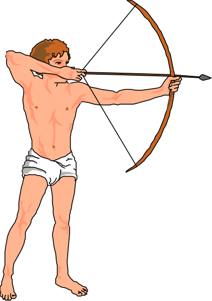 The illustration shows a shirtless man with brown hair holding an arrow to his ear while standing against a black background; he is depicted in profile facing leftward.