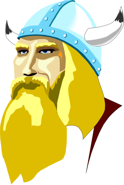 The image shows a cartoon depiction of an older man with long white hair wearing a Viking helmet adorned in blue feathers on his head, sporting a beard that is also blonde. He has mustache and goatee as well. His eyes appear to be closed or obscured by the brim of the hat. The background is plain gray without any distinguishable features.