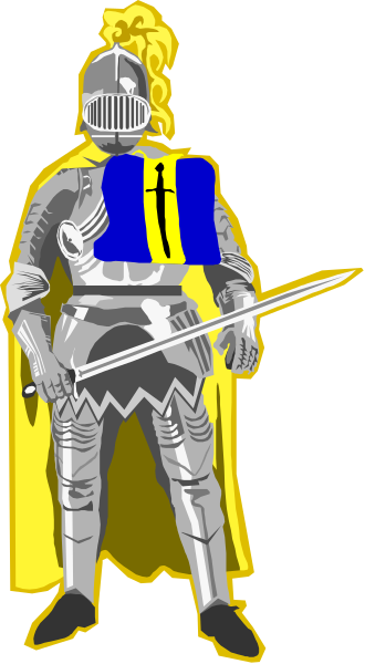 The image shows a stylized figure of an armored knight standing upright with his sword raised to shoulder height against a plain background.