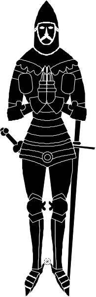 The black and white line drawing of a knight standing upright with his arms crossed at waist level against a gray background.