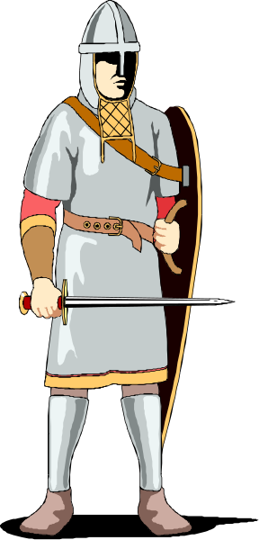 The illustration depicts a knight standing with his sword drawn from its sheath.