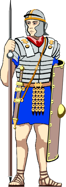 The image shows a man dressed as an ancient Roman soldier holding a spear with his left hand while standing on what appears to be grassy ground in front of him.