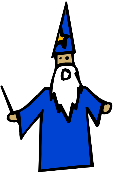 The image shows a cartoon wizard character with white hair standing upright against a black background; he is wearing blue robes and has a beard.