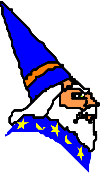 The image shows a closeup of an animated character with blue hair wearing glasses, dressed as a wizard-like figure in robes, holding what appears to be a staff or wand, set against a dark background that transitions from black at top left corner to gray on right side and then back into darkness.