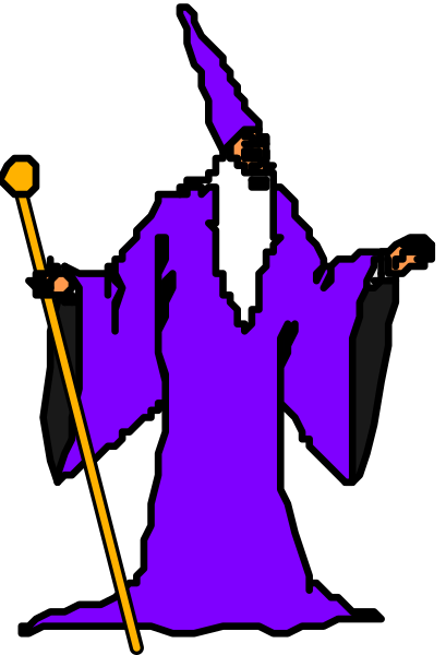The image shows a cartoon wizard character with long white beard holding a staff, standing against a black background.