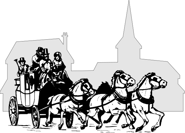 The black and white silhouette of a horse carriage with two horses pulling it down a street next to an old church building at nighttime.