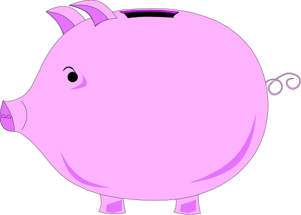 The image shows a pink piggy bank with eyes on it standing upright against a black background.