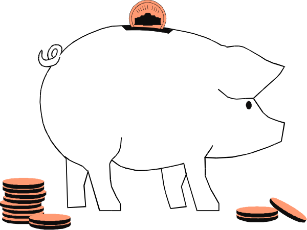 The black and white illustration shows a pig with money piled on its back standing next to stacks of coins that it is eating from plates; there's also an image of another stacked coin in front, suggesting more wealth being added.