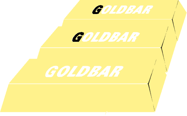 The image shows a collection of gold bars with text on them that reads "GOLD BAR," indicating their value as currency in this context.