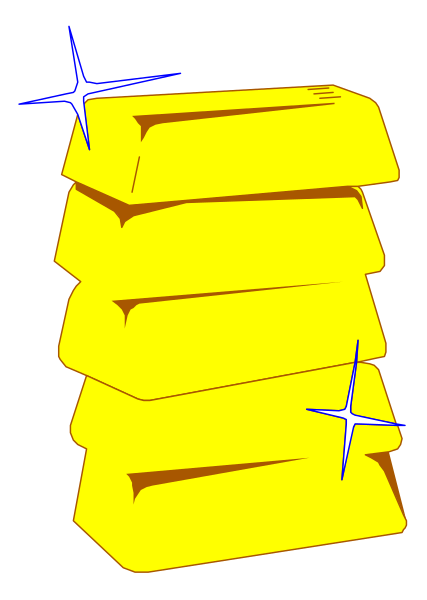 The image shows a stack of gold bars with sparkles around them against a black background.