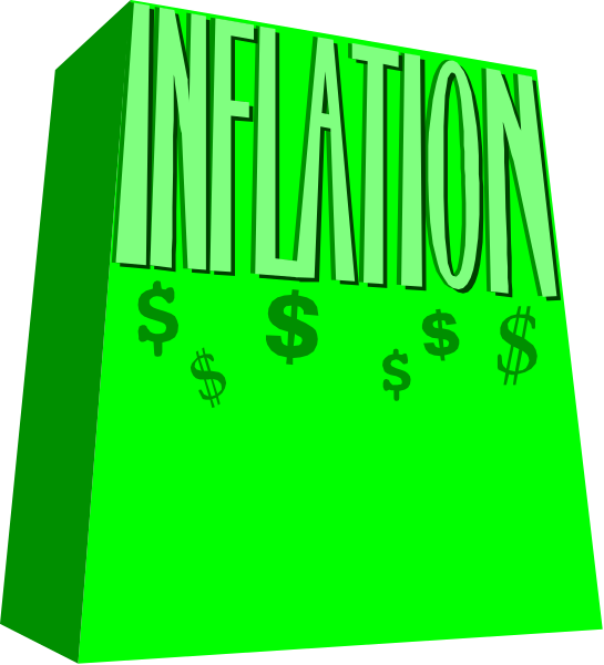 The image shows a green box with white text that reads "INFLATION" at top left corner, followed by "$100," $250," $500," $750," and "$1000." Below these numbers is an illustration of money in various denominations.
