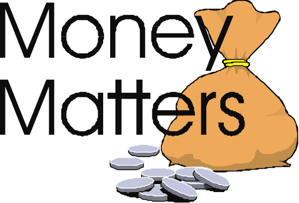 The image shows a cartoon of an orange bag filled with money coins labeled "money matters" next to text that reads "MONEY MATTERS."
