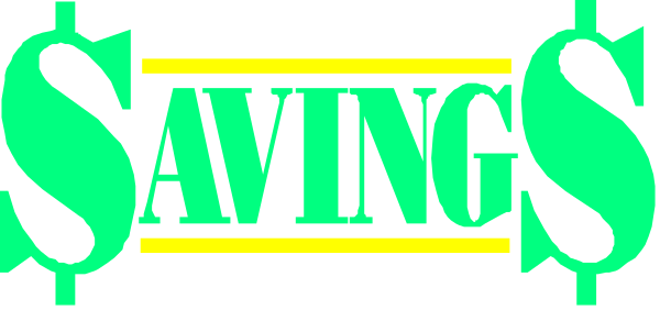 The image shows a graphic with text that reads "SAVINGS" at the top of it against an abstract background featuring shades of green and yellow; below this is another line of text in white font reading "$avings$."