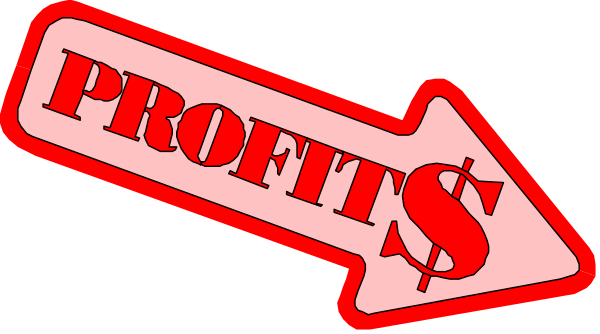 The image shows a red sign with white text that reads "PROFITS" on top of an arrow pointing downward to another smaller rectangular sticker below it labeled "$ PROFEETS".