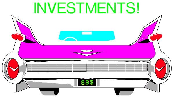 The image shows a stylized graphic of an old car with text that reads "INVESTMENTS" on it against a dark background.