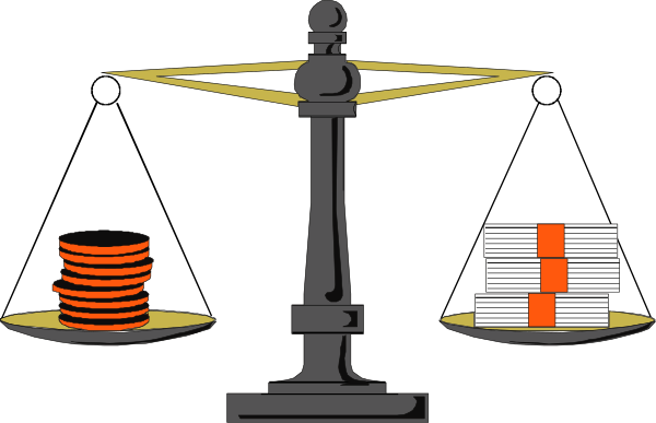 The black and white illustration shows a scale with two plates on it; each plate has stacks of coins that represent different currencies: one stack is labeled "USD" (United States Dollar) in red, while another represents an unspecified currency in blue.