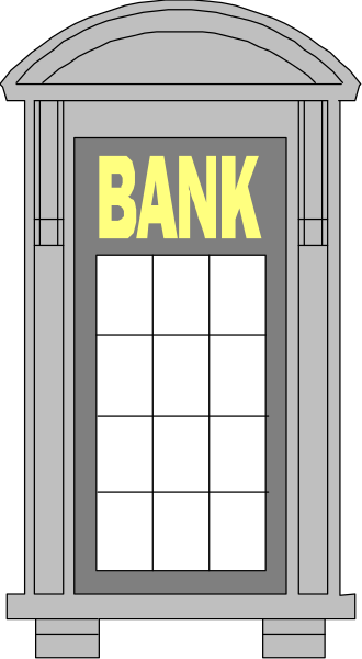 The image shows a cartoon of an ATM with text that reads "BANK" on it placed next to a signboard in front of what appears to be a building labeled as a bank.