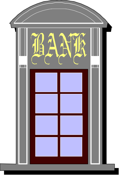 The image shows a stylized illustration of an old bank building with its facade featuring arched windows under which is written "BANK" in capital letters on both sides above two doors; one door has text that reads "SAVE," and there's another sign below it saying "LOAN."