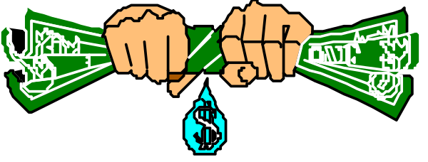 The image shows a banner with three hands holding money bags; each hand is adorned by an emblem: on one side there's a green dollar bill symbolizing wealth, in another it appears to be a fist representing strength and power, while the third seems like water droplets suggesting purity or cleanliness.