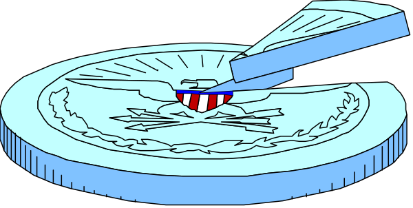 The image shows a coin with an American flag design being placed into a slot on top of another coin that has been partially inserted in it.