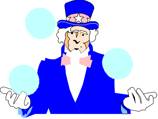 The image shows a cartoon character dressed as Uncle Sam with blue skin holding three bubbles that have white dots inside them while standing on top of what appears to be an American flag in front of him; he is wearing his traditional red, white and blue suit along with stars around the hat's brim.