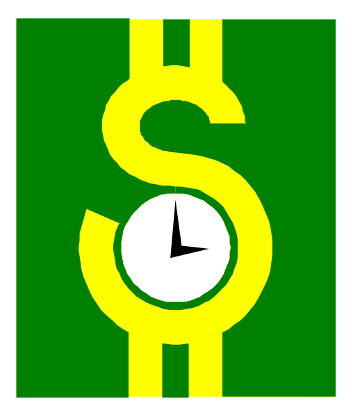 The image shows a green square with white borders containing an icon of a clock inside it on top left corner; below this is a dollar sign in yellow coloring against a black background that occupies most of the space, indicating money.